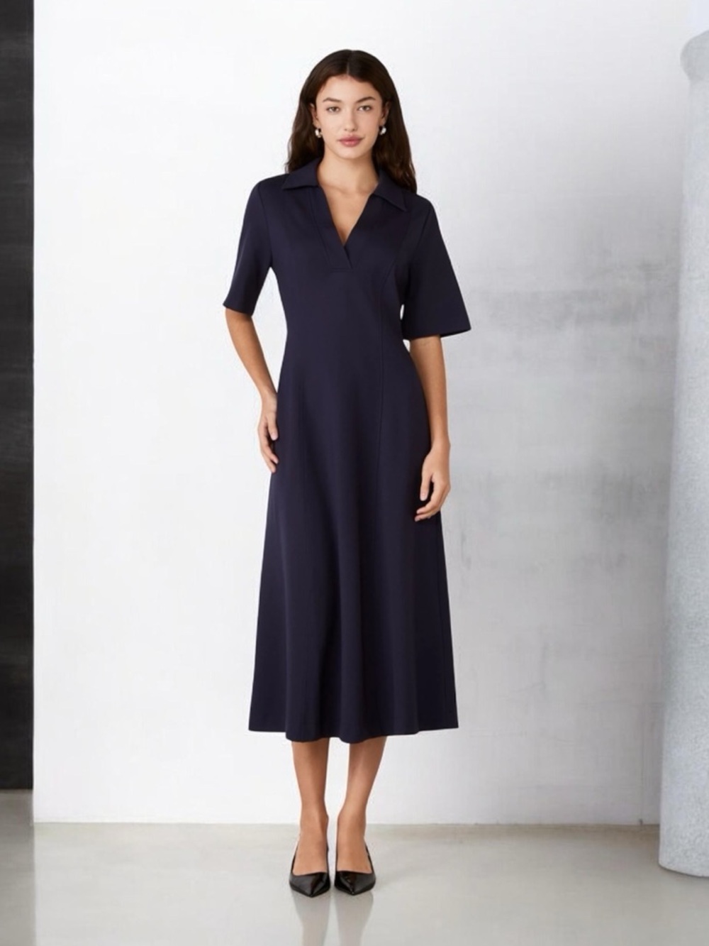 Reiss Navy Blue Short Sleeve Collared V-Neck Midi Dress - Women's Size 4